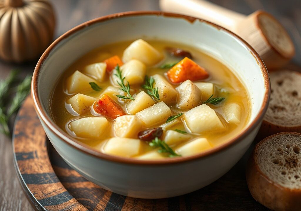 Winterse groentesoep, AI-gegenereerde illustratie