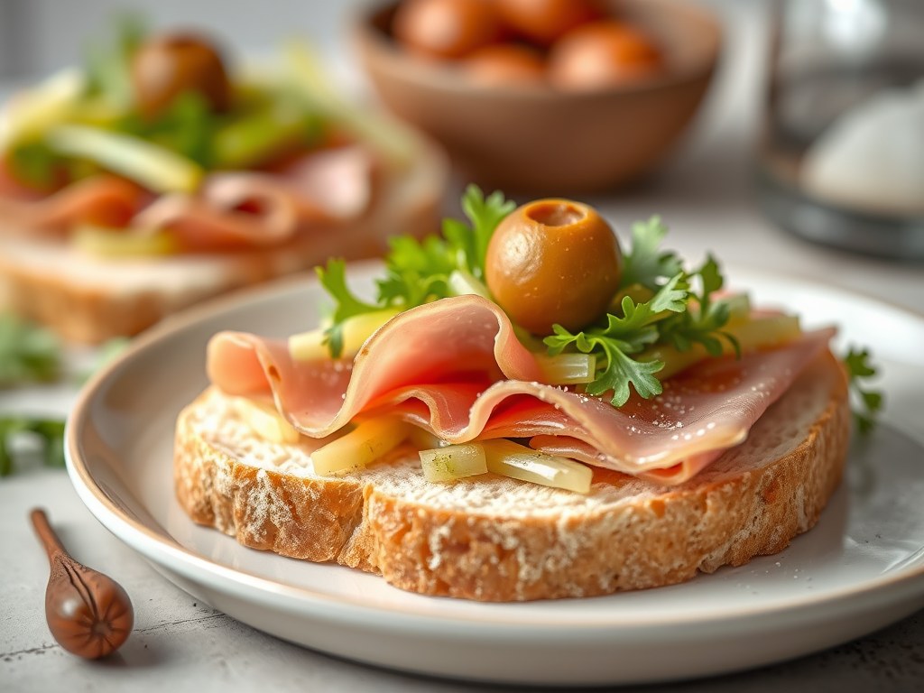 Witbrood met parmaham, selderijsalade en olijf, AI-gegenereerde illustratie