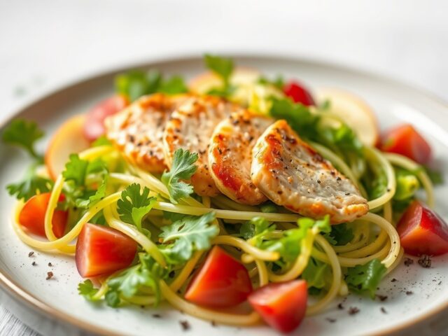 Witlofsalade met appel, gerookte kip en rozijnen