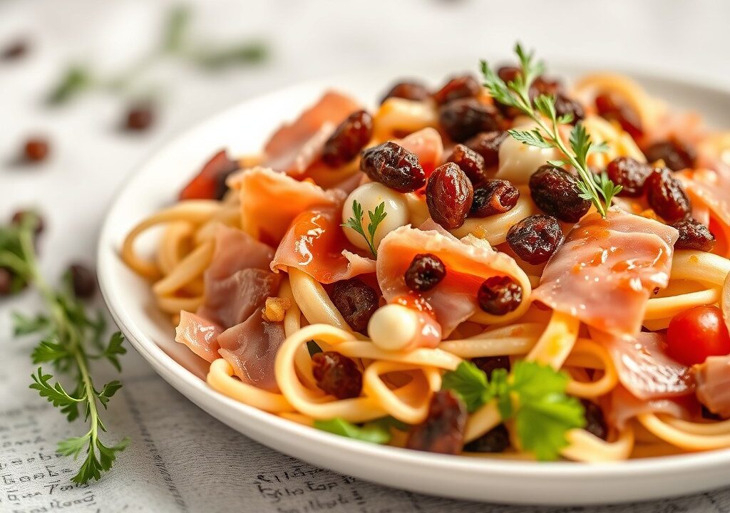Witlofsalade met parmaham en rozijntjes, AI-gegenereerde illustratie