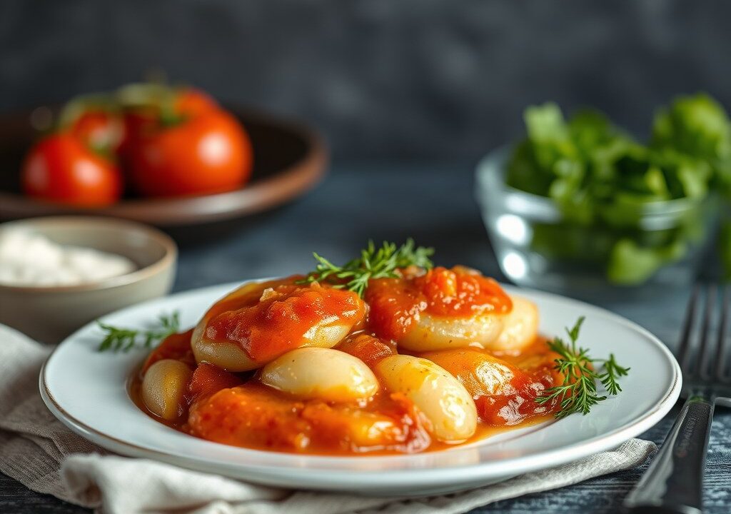 Witlofschotel met katenspek en tomatensaus — AI-gegenereerde illustratie