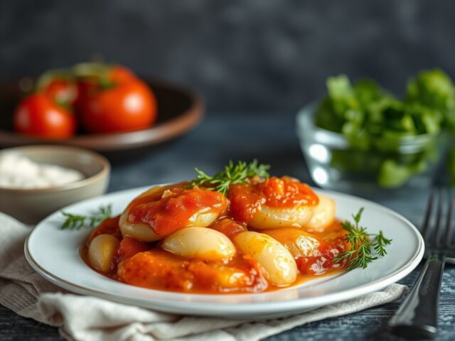 Witlofschotel met katenspek en tomatensaus — AI-gegenereerde illustratie
