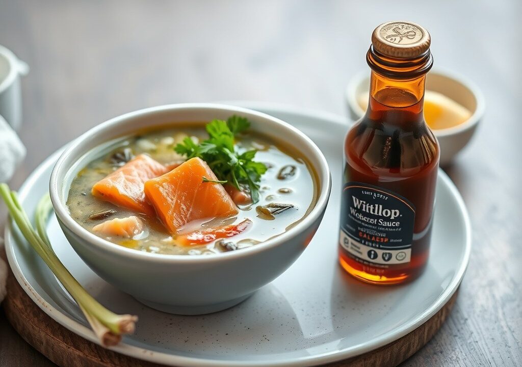 Witlofsoep met mosterd en zalm, AI-gegenereerde illustratie