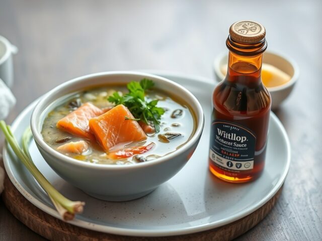 Witlofsoep met mosterd en zalm — AI-gegenereerde illustratie
