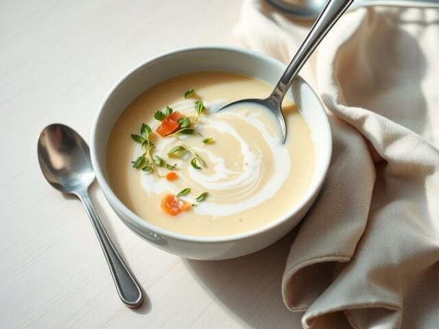Witlofvelouté met gerookte geuldal forel
