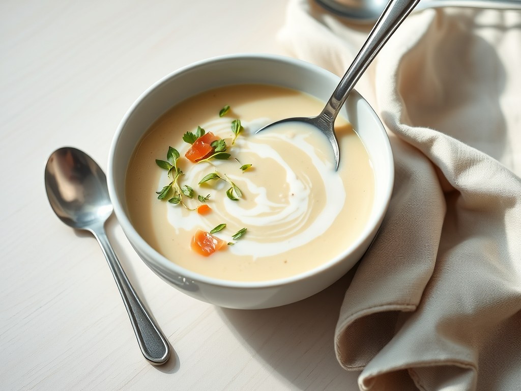 Witlofvelouté met gerookte geuldal forel, AI-gegenereerde illustratie