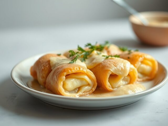 Witloof rolletjes met mosterdpuree — AI-gegenereerde illustratie