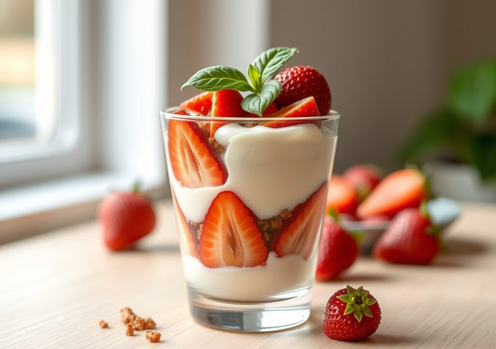 Witte chocolademousse met aardbeien en speculaas, AI-gegenereerde illustratie