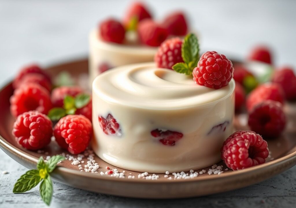 Witte-chocolademousse met frambozen, AI-gegenereerde illustratie