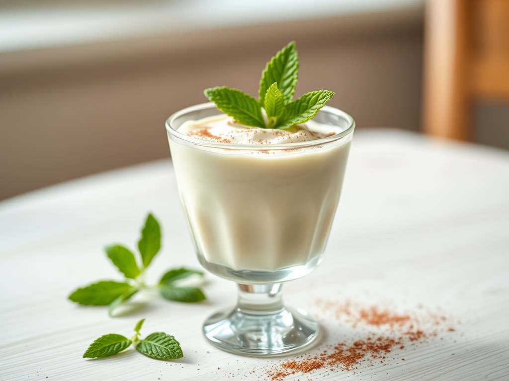 Witte chocolademousse met munt, AI-gegenereerde illustratie