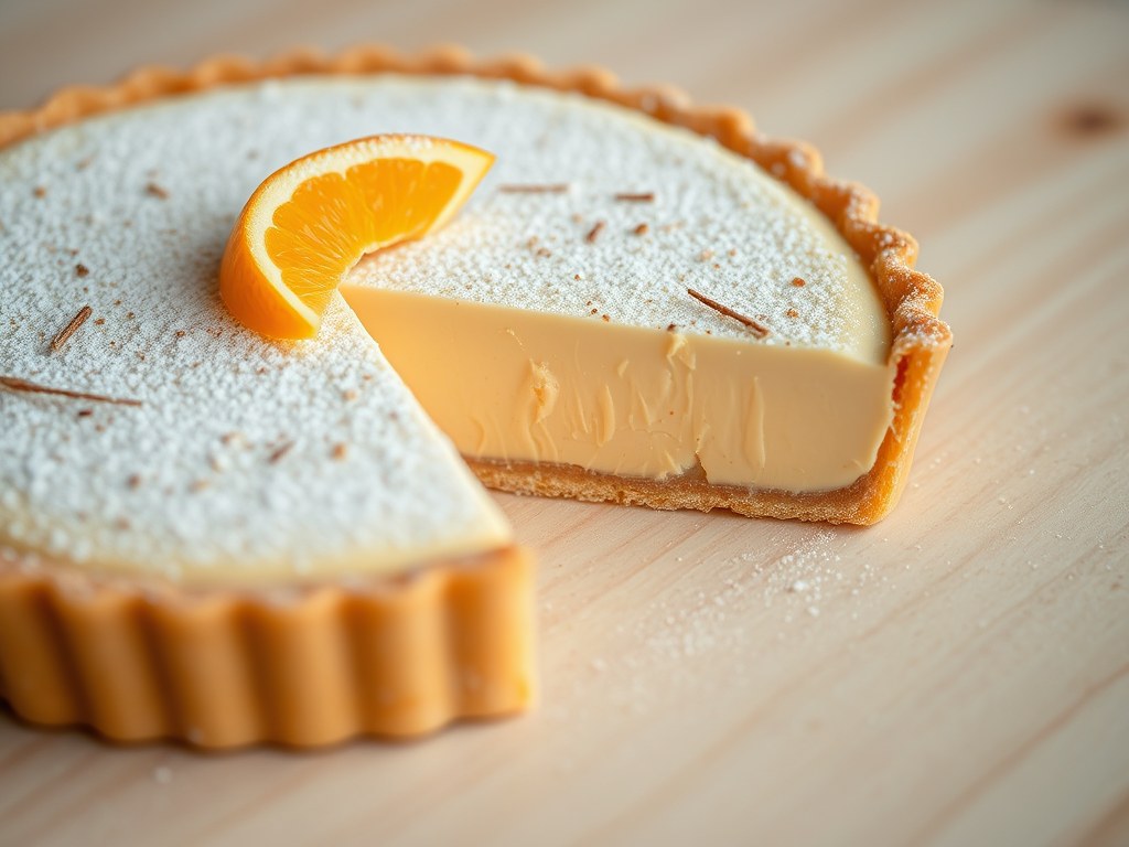 Witte-chocoladetaart met sinaasappelroom, AI-gegenereerde illustratie