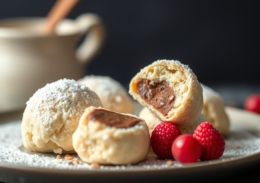 Witte chocoladetruffels met koffiecremevulling, AI-gegenereerde illustratie