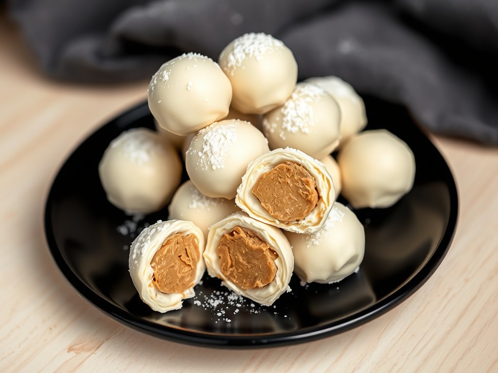 Witte chocoladetruffels met koffiecremevulling, AI-gegenereerde illustratie