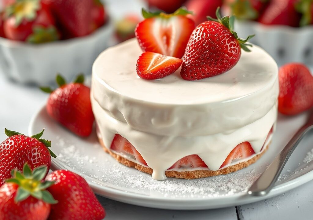 Witte chocoladevlaai met aardbeien — AI-gegenereerde illustratie