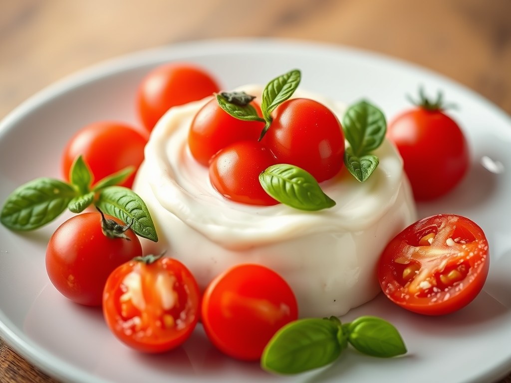 Witte tomatenmousse met zeebaars, AI-gegenereerde illustratie