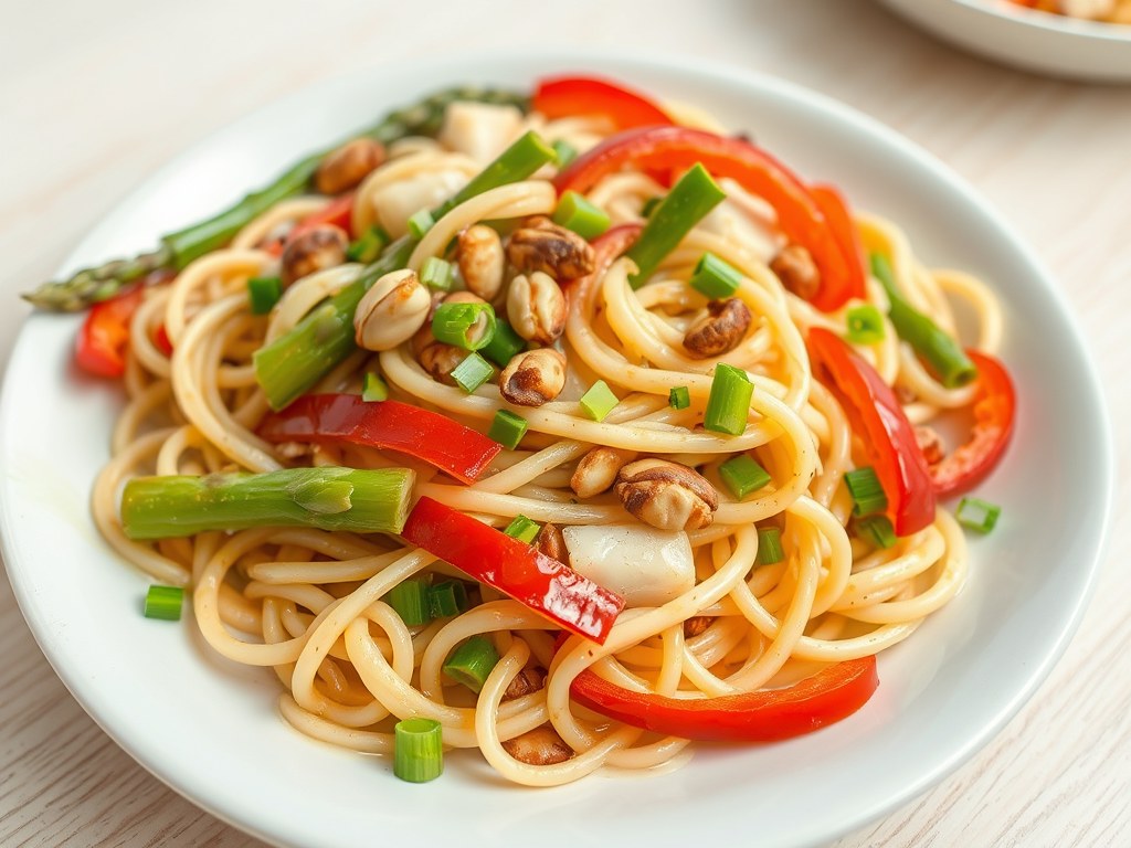 Wok-asperges met pasta, AI-gegenereerde illustratie