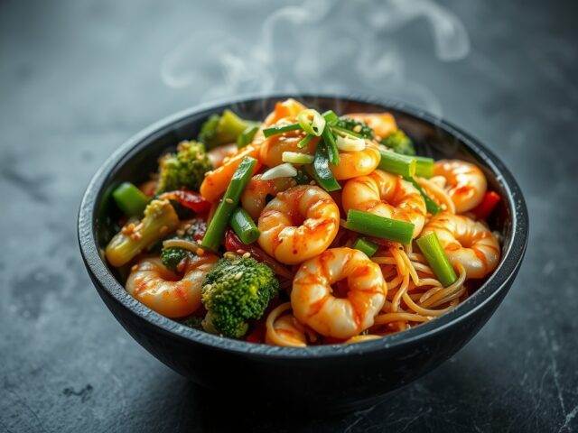 Wok met garnalen met noedels en groenten