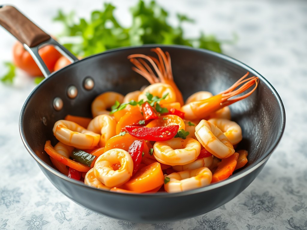 Wok met scampi’s, AI-gegenereerde illustratie