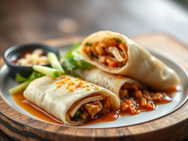 Wok Roll gevuld met rendang vlees, bamboescheuten