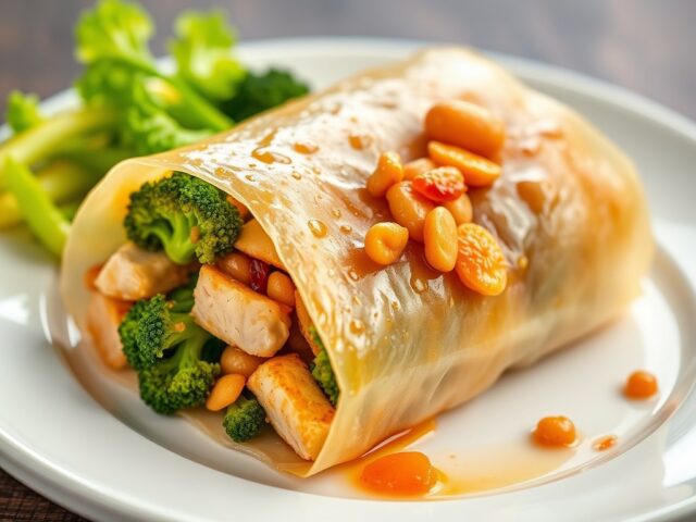 Wok Roll met kip en broccoli in sinaasappel-pindas