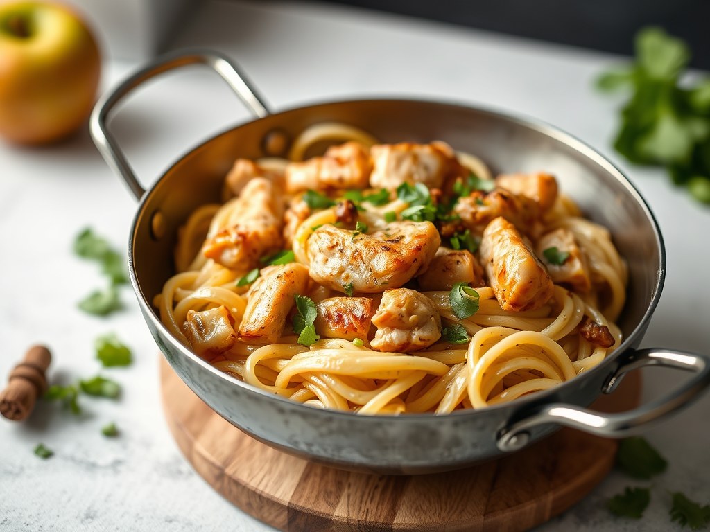 Wok van witloof, appel en kip, AI-gegenereerde illustratie