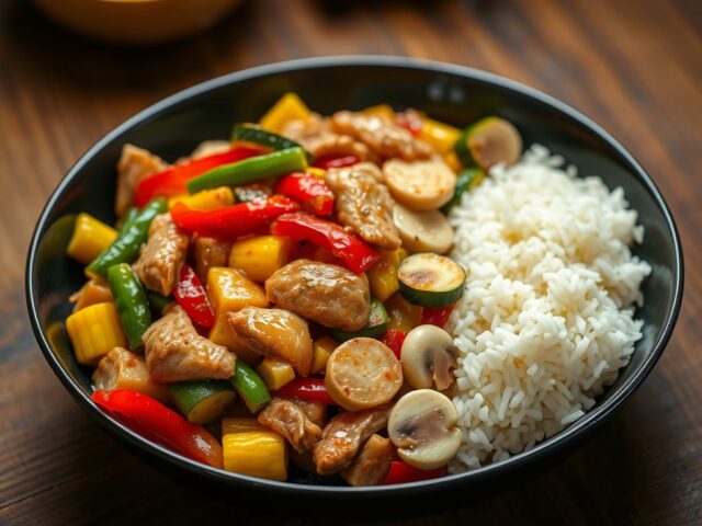 Wokschotel met voorjaarsgroentjes, kalkoen en basmati