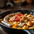 Worstjes en aardappelen met kaas