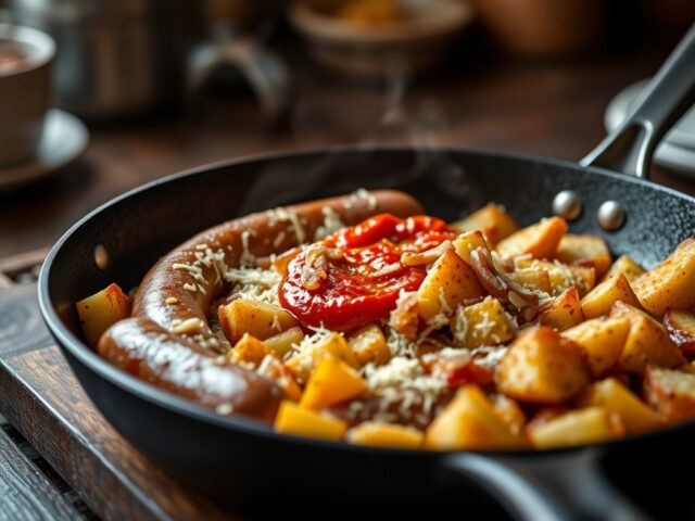 Worstjes en aardappelen met kaas