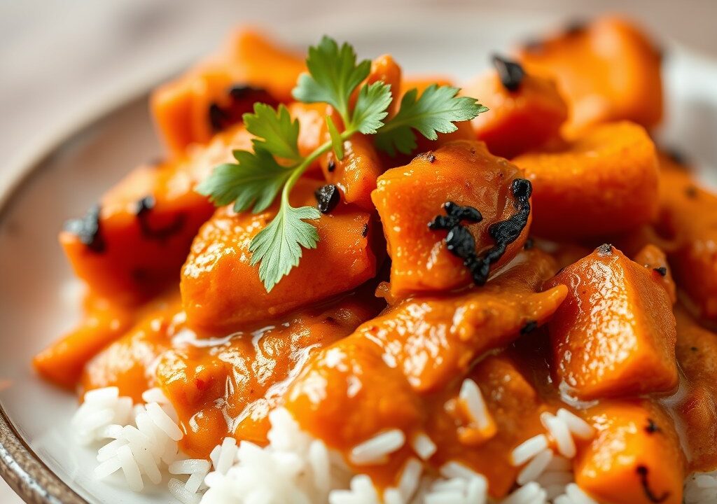 Wortelcurry met kokos en vissaté, AI-gegenereerde illustratie