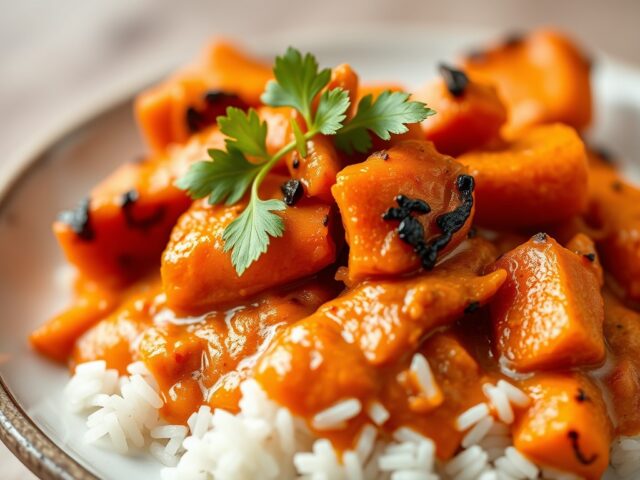 Wortelcurry met kokos en vissaté — AI-gegenereerde illustratie