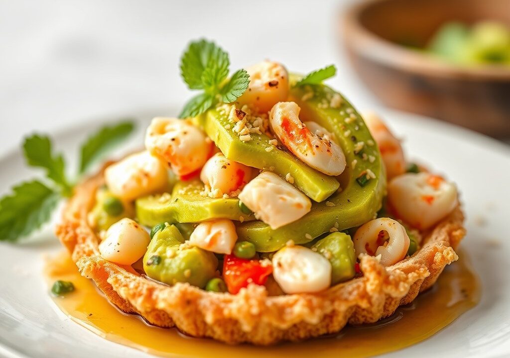 Wortelmousse met avocado en krab, AI-gegenereerde illustratie