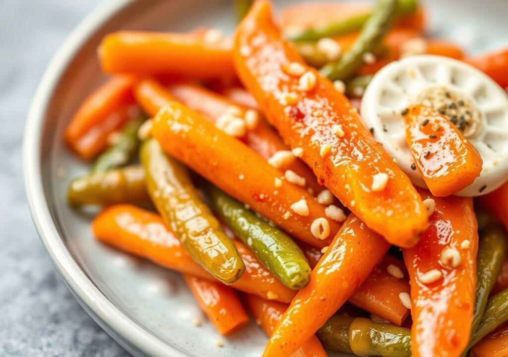 Wortels en sugar snaps geglazeerd, AI-gegenereerde illustratie