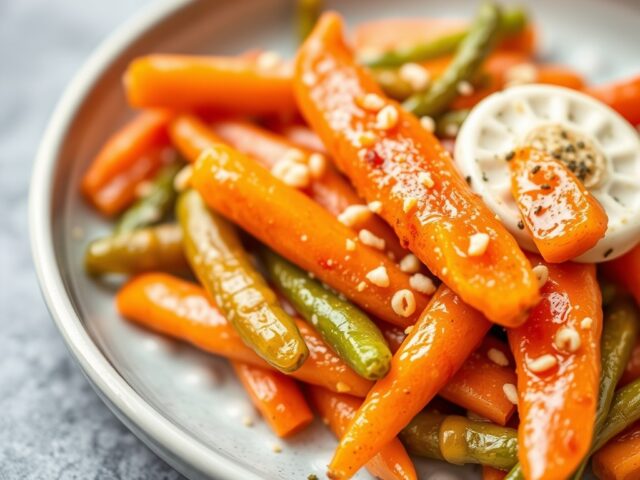 Wortels en sugar snaps geglazeerd — AI-gegenereerde illustratie