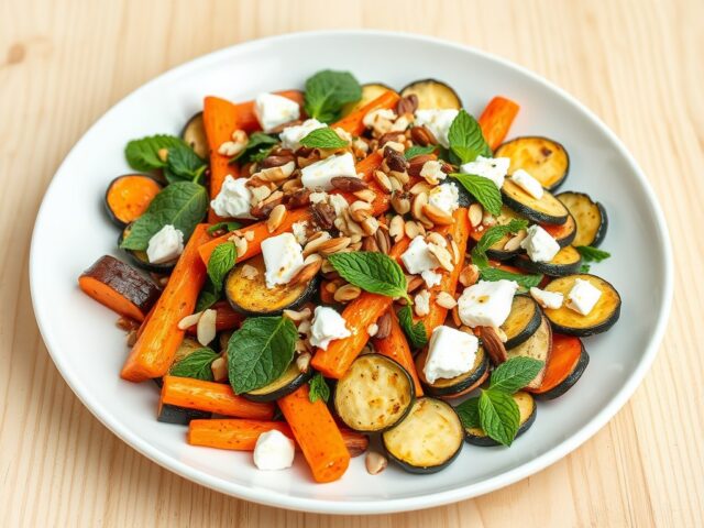 Worteltjes met geitenkaas, courgettes, munt en amandelen