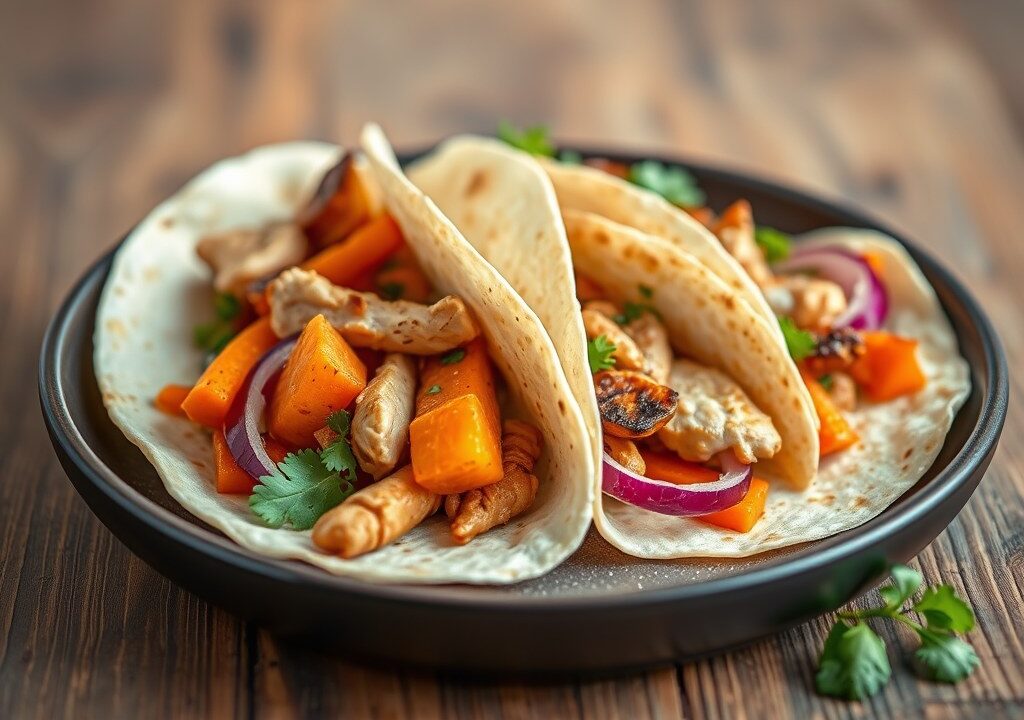 Wraps met geroosterde groenten en kip, AI-gegenereerde illustratie