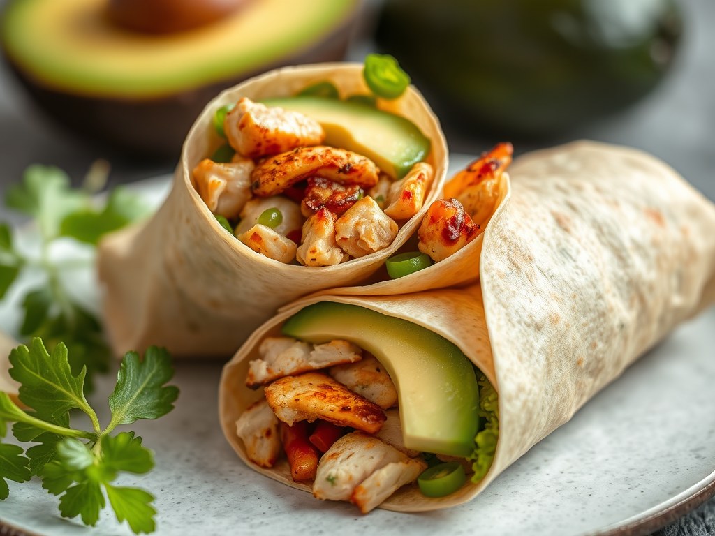 Wraps met kip en avocado, AI-gegenereerde illustratie