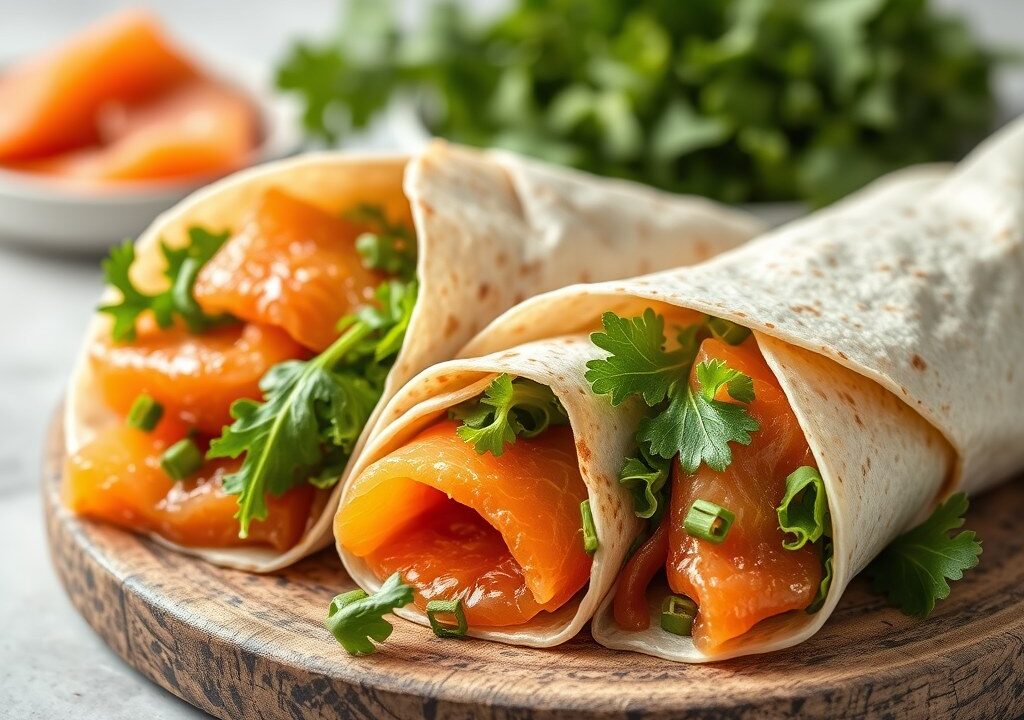 Wraps met zalm en kruidenkaas (koud), AI-gegenereerde illustratie