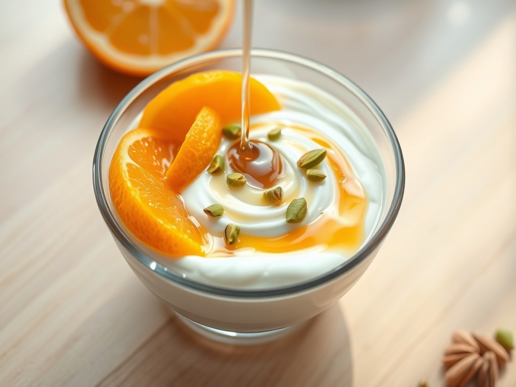 Yoghurt met sinaasappel en pistaches, AI-gegenereerde illustratie