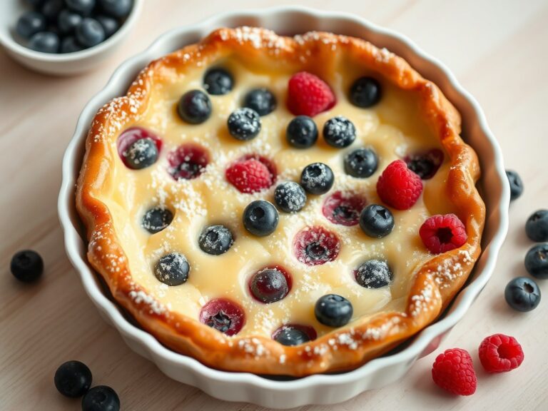 Yoghurtclafoutis met blauwe bessen en frambozen