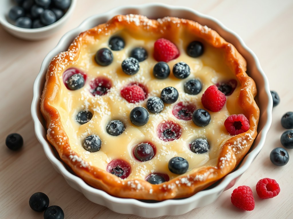 Yoghurtclafoutis met blauwe bessen en frambozen, AI-gegenereerde illustratie