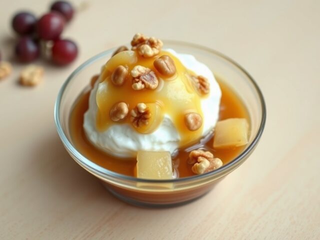 Yoghurtijs met warme honing-druivensaus