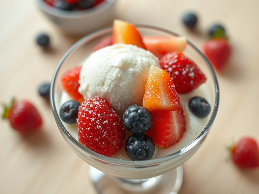 Yoghurtijs met zomerfruit, AI-gegenereerde illustratie