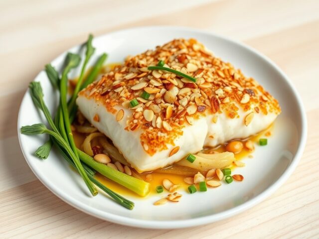 Zachtgegaarde schelvis met korstje van amandelen