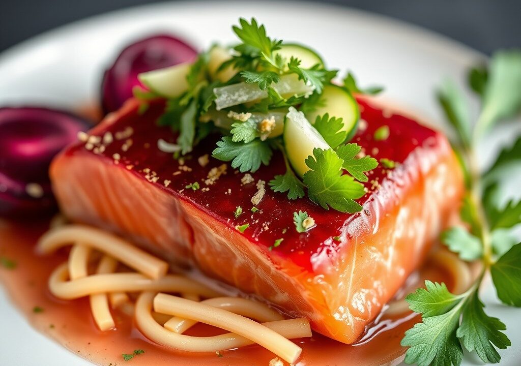 Zalm-Biet met speciale Komkommersalade, AI-gegenereerde illustratie