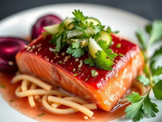 Zalm-Biet met speciale Komkommersalade