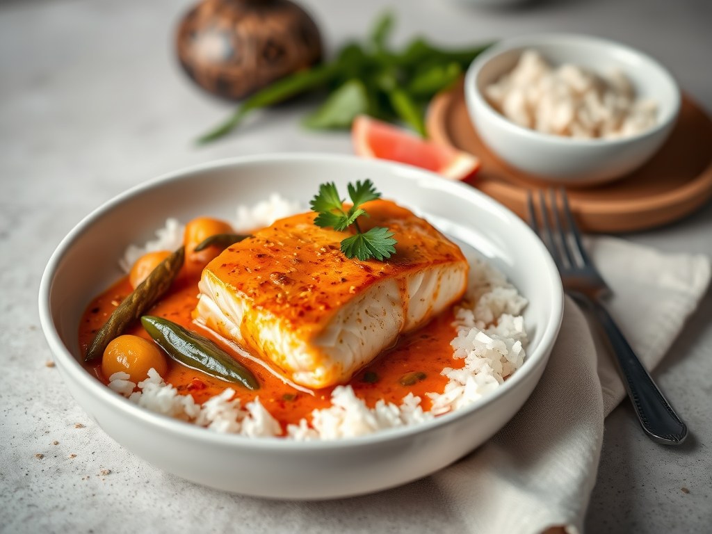 Zalm Curry (Met Rode Curry van Thai Onoff Spices), AI-gegenereerde illustratie
