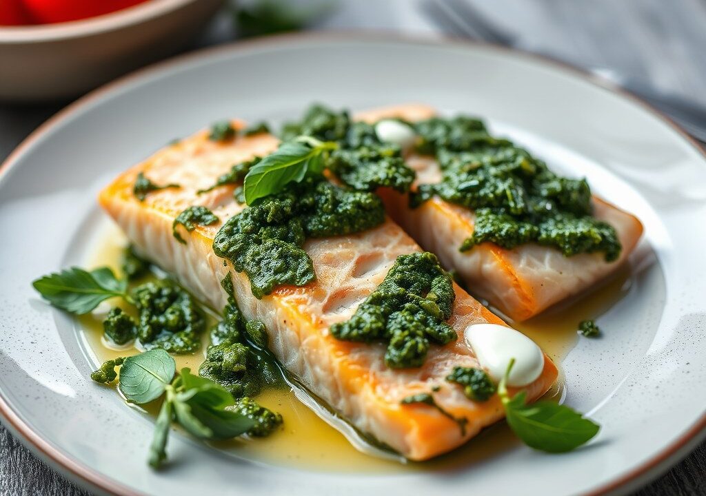 Zalm en pangasius met een Italiaans tintje, AI-gegenereerde illustratie