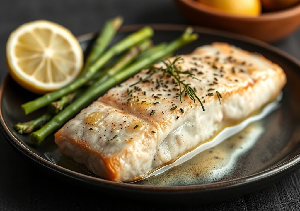 Zalm, gebakken met Citroensaus, Venkel en Asperges, AI-gegenereerde illustratie