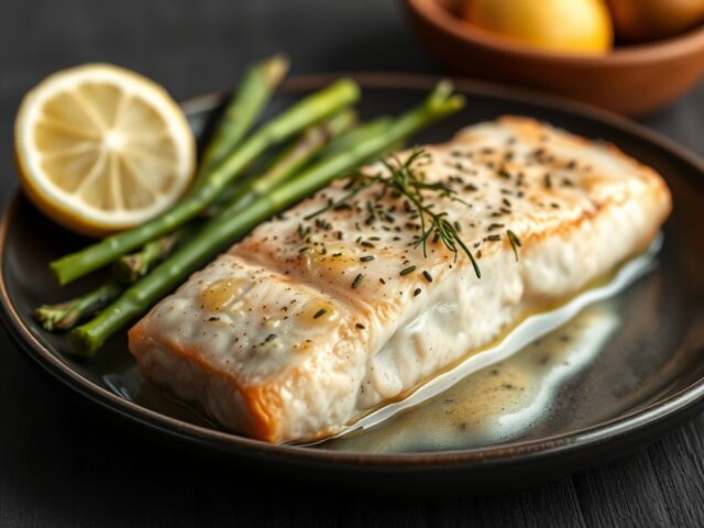 Zalm, gebakken met Citroensaus, Venkel en Asperges — AI-gegenereerde illustratie