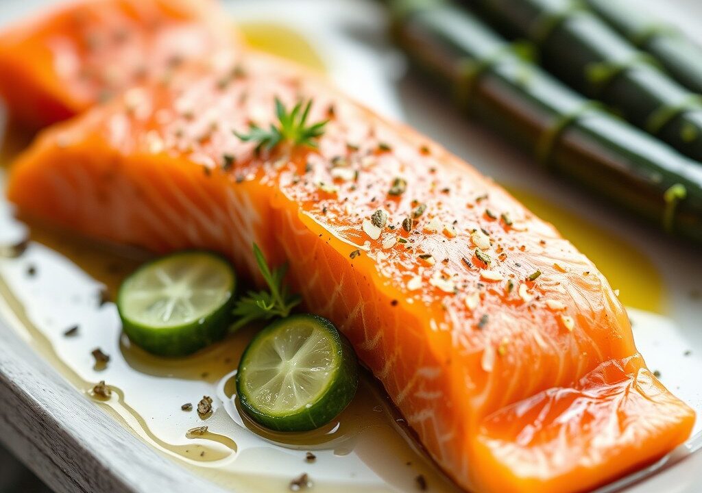 Zalm(gerookt) met Mosterd-Limoen-Komkommer, AI-gegenereerde illustratie